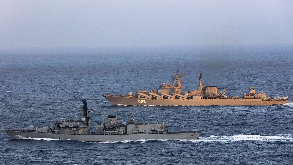 Royal Navy frigate HMS St Albans escorts the Russian cruiser Marshal Ustinov through the English Channel