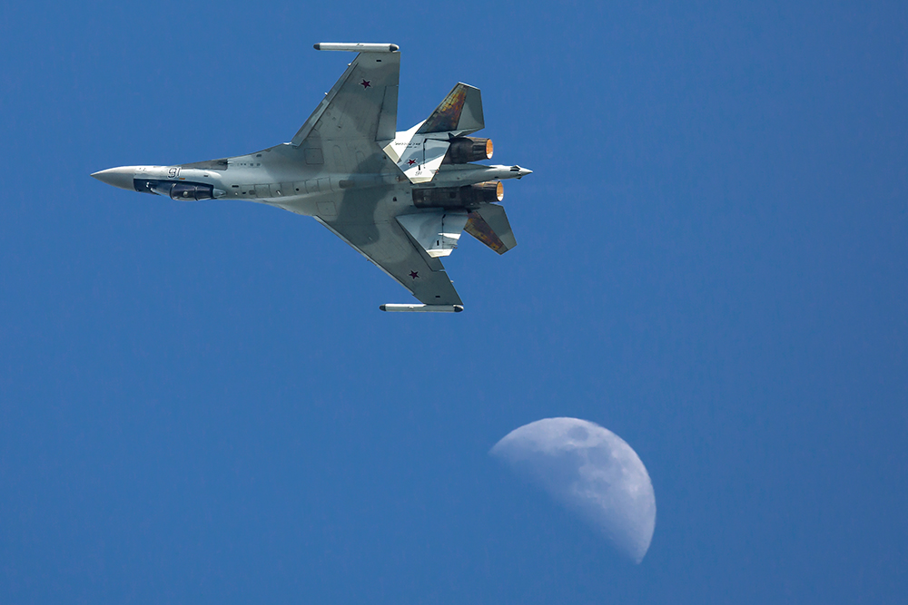Russian Su-35S in flight with afterburners lit