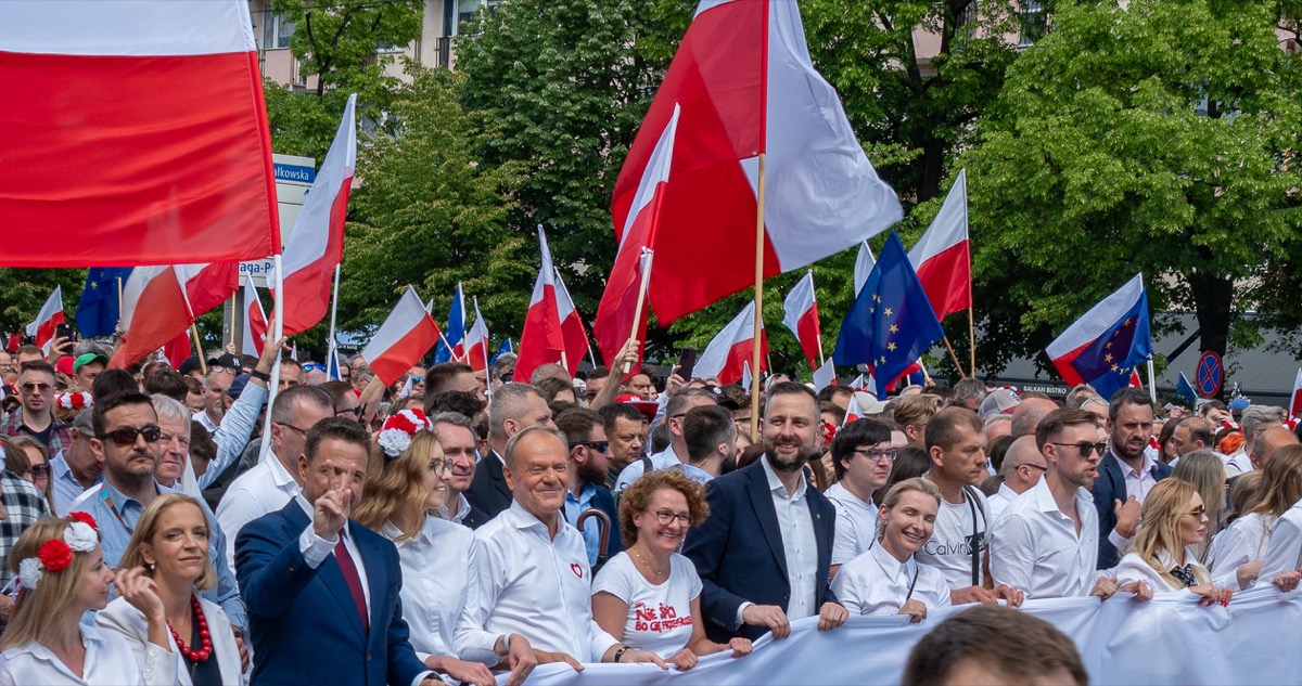 Donald Tusk with supporters at a Warsaw rally